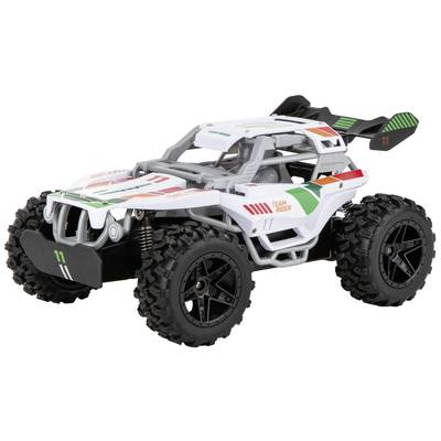A white and red toy car with large black tyres and a 'Team Rider' inscription. It has a sporty design.