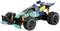 A remote-controlled toy car with robust black tyres and a blue and green design with the number '21' on the bonnet.