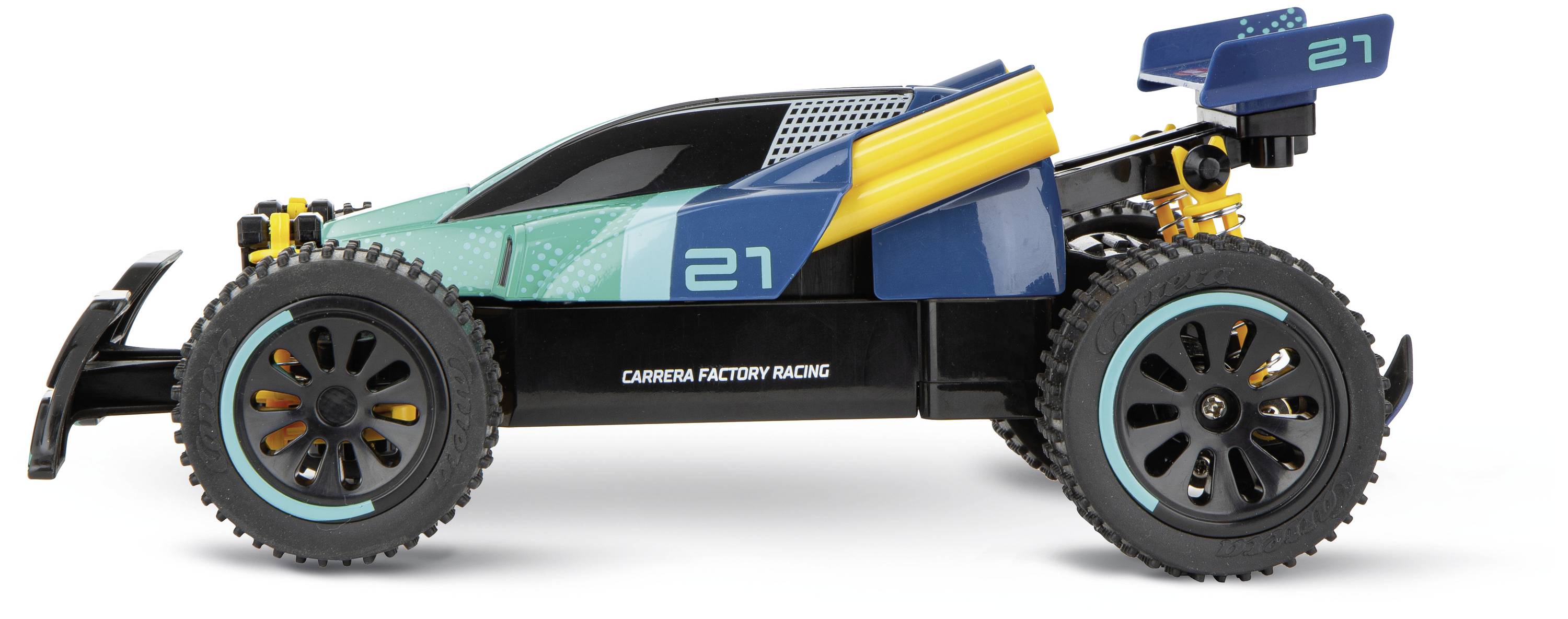 Toy car in blue and green design with the number 21 on the side. It has large, treaded tyres and a rear spoiler.