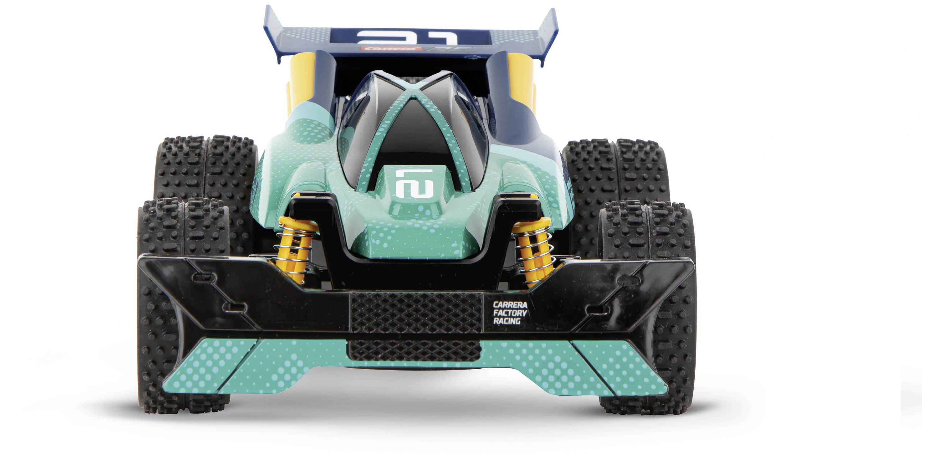 Toy car with large tyres and racing paintwork, photographed from behind. The number '21' is displayed on the rear.