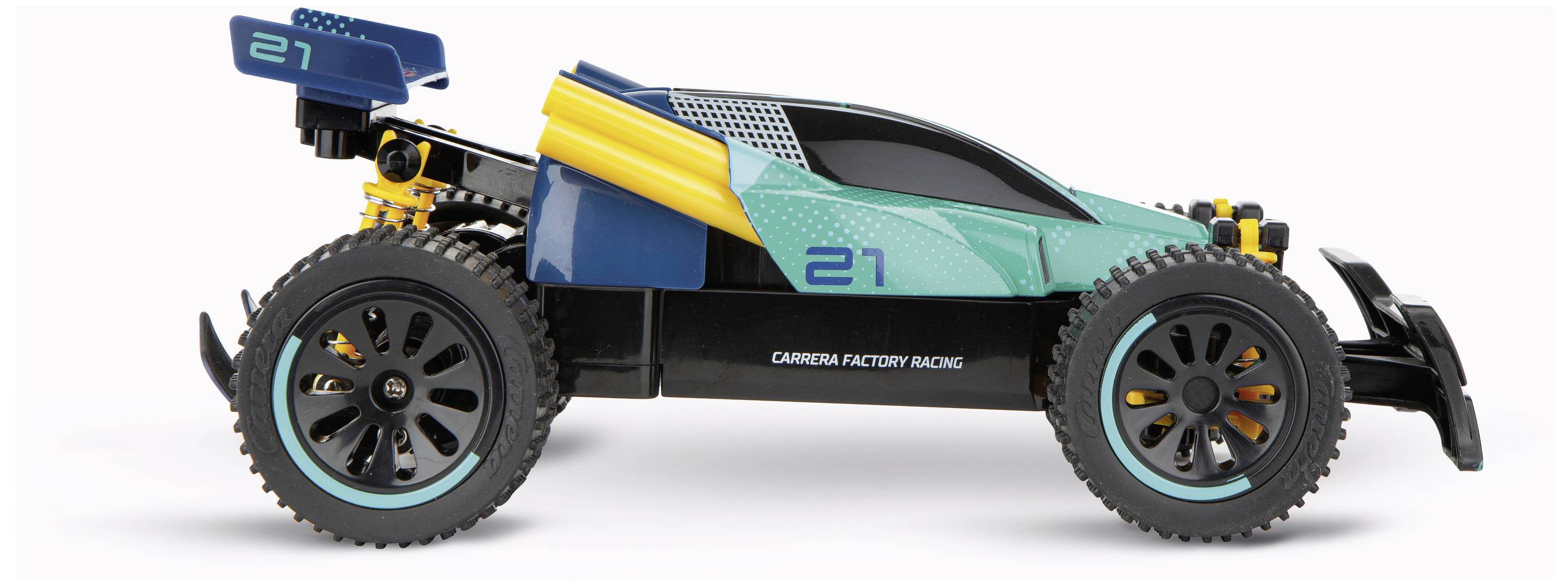 A remote-controlled car in racing car style with blue, green, and yellow details. Number '21' on the side.