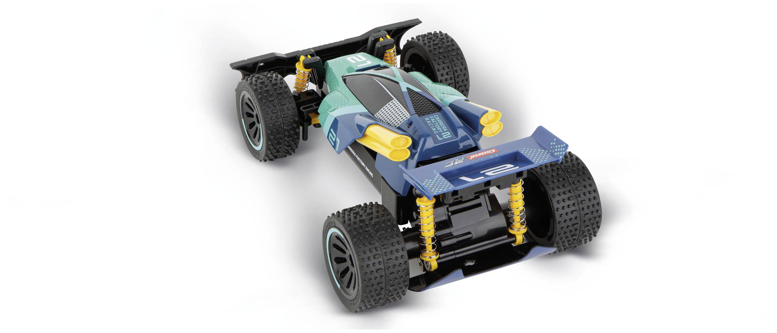 A blue-green toy car with large, textured tyres and yellow shock absorbers, shown from the rear view.