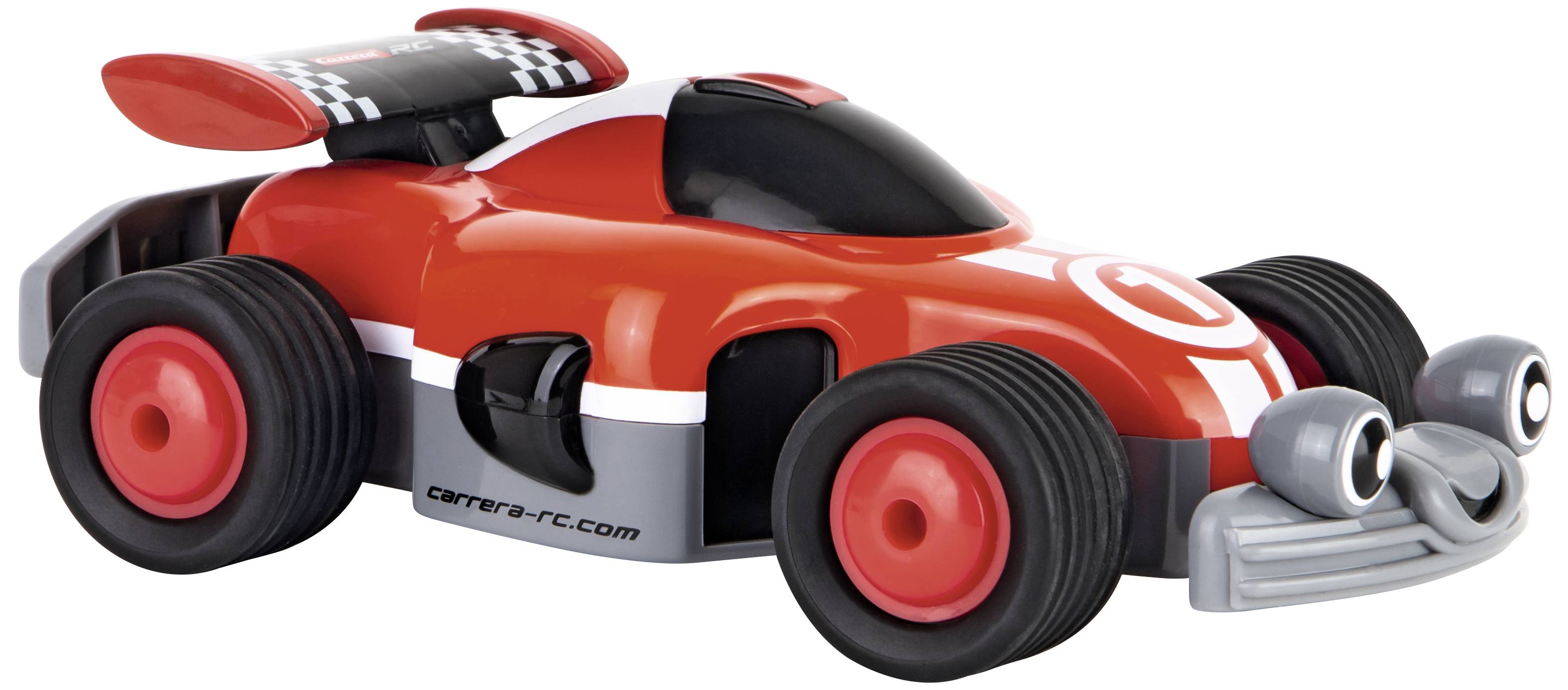 Red toy car with a smiling face, large black tyres and racing stripes on the spoiler.