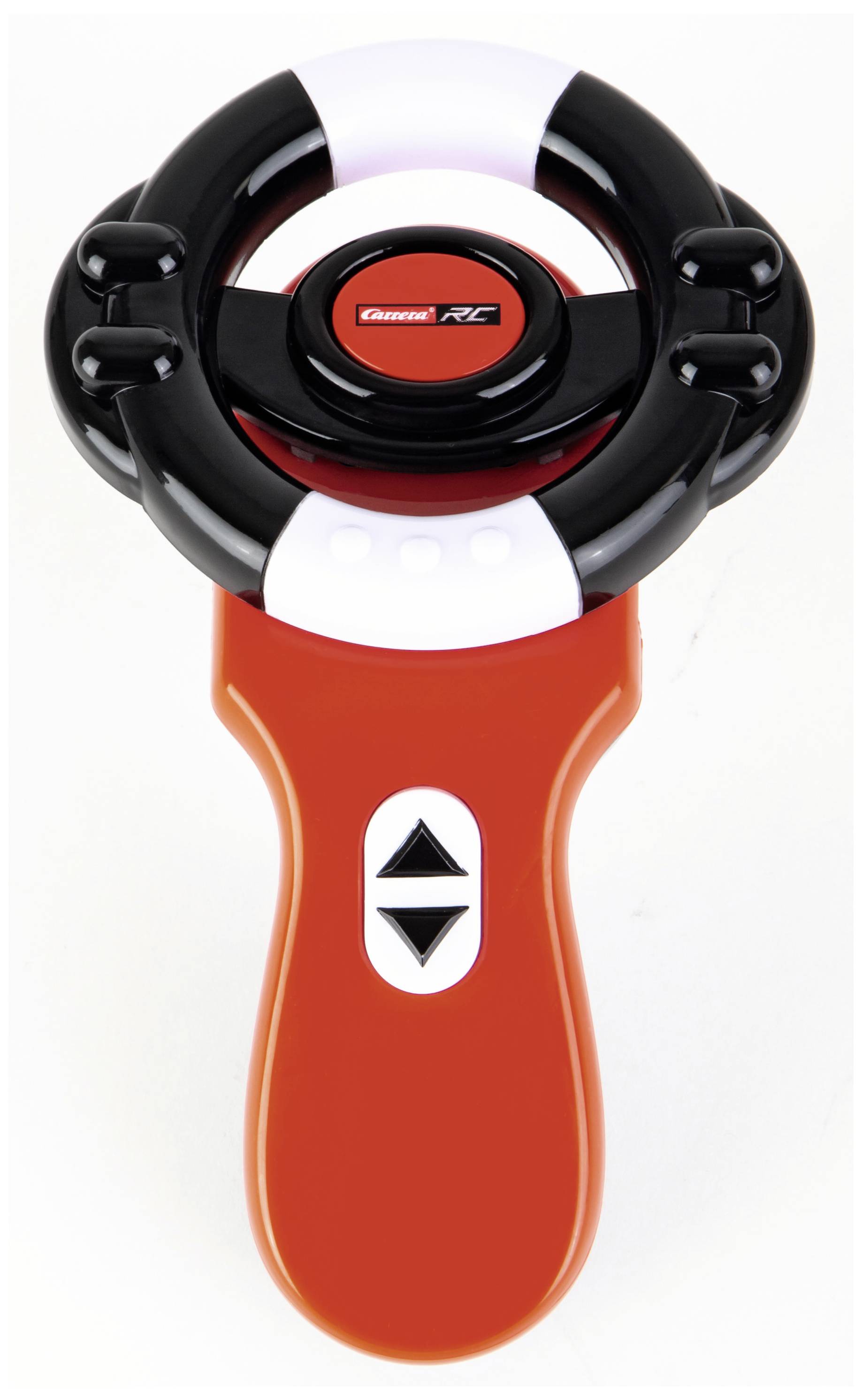 A red remote control in the shape of a toy steering wheel with two directional arrows and the inscription 'Carrera RC' in the centre.