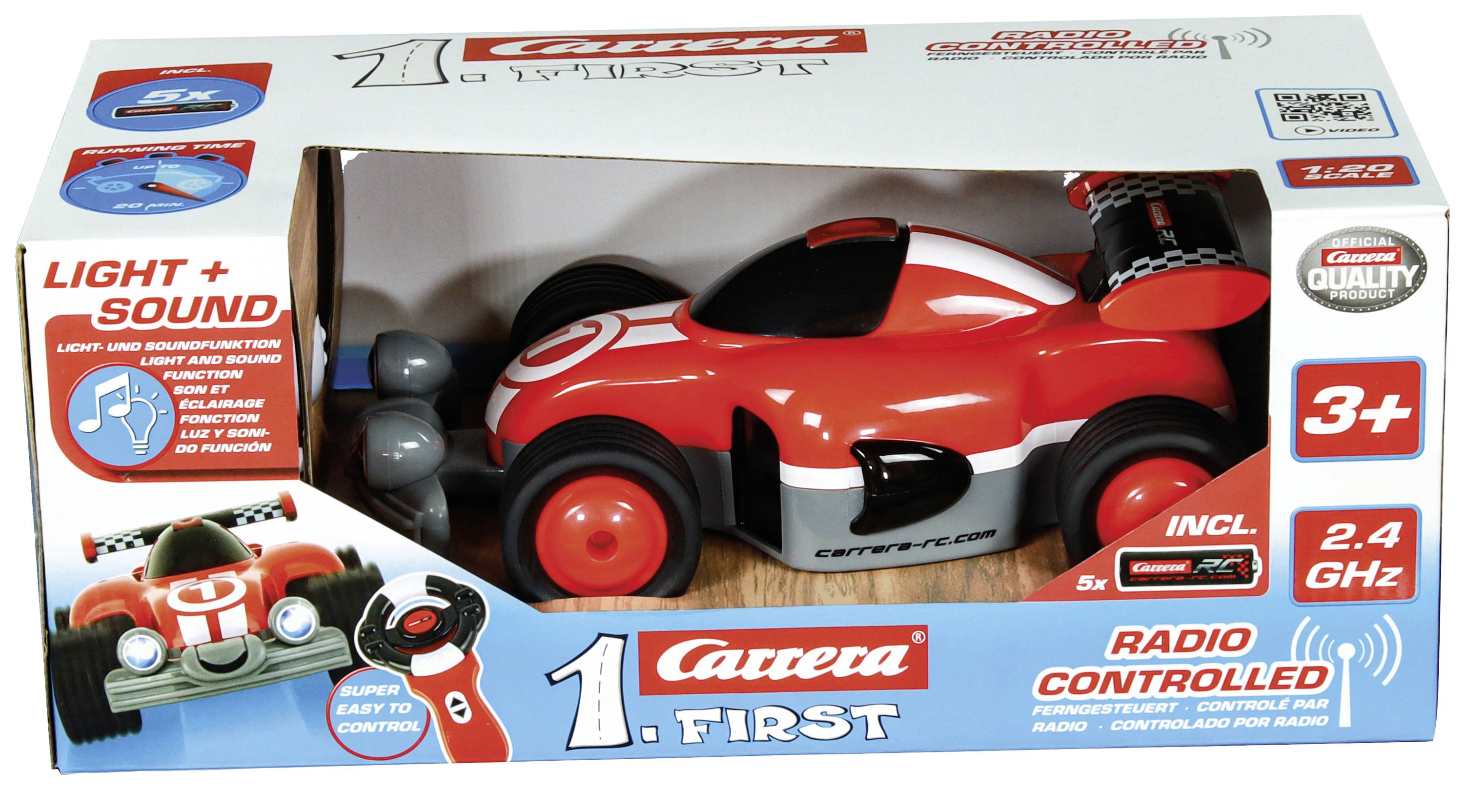 Toy car 'Carrera First' in racing car design in original packaging. Includes remote control, recommended for ages 3 and up.