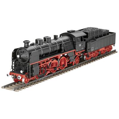 Black steam locomotive with a red chassis on a track, meticulously modelled, with an open tender full of coal.