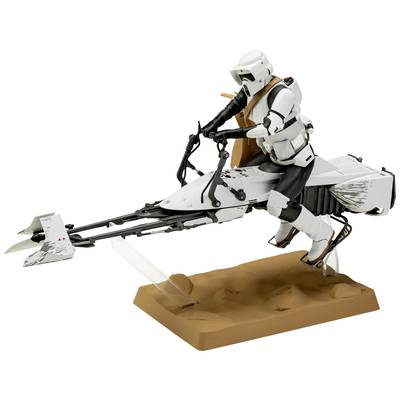 A white futuristic police officer on a hovering motorbike, equipped with armour and helmet, on a sand-coloured base.