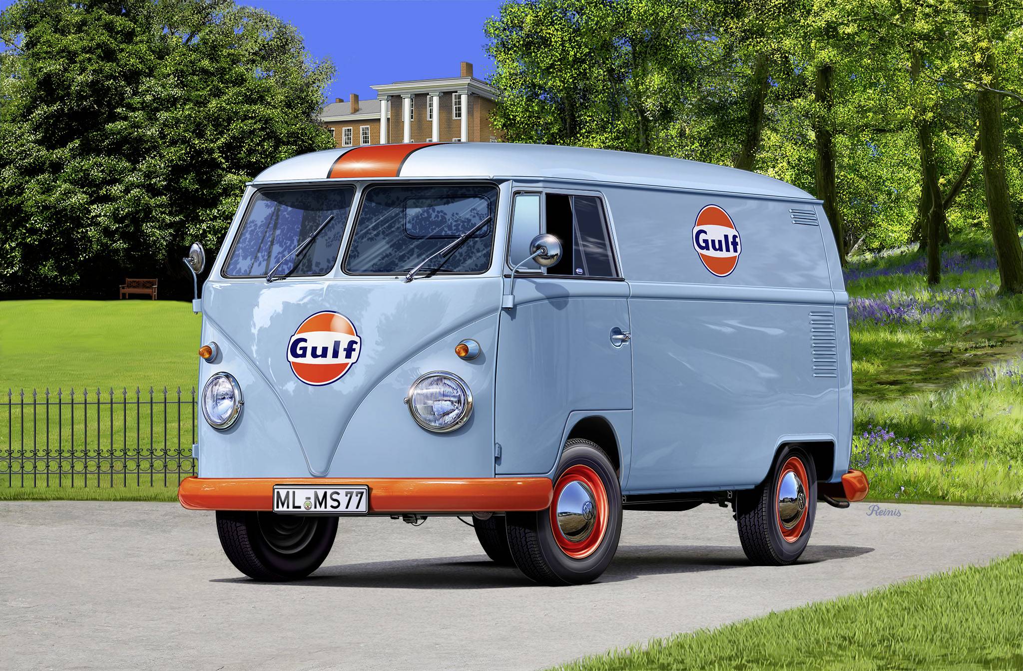 Retro blue delivery van with an orange stripe and 'Gulf' logo, parked on a path in front of a green park and a building in the background.