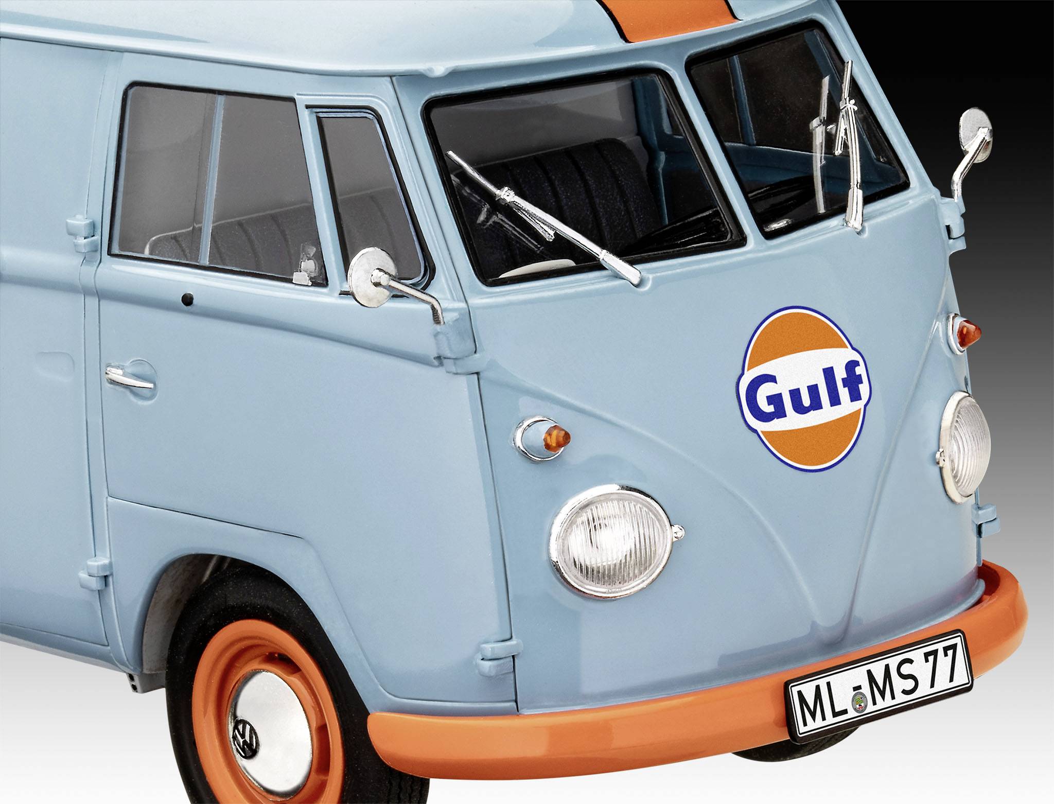 A light blue VW camper van with a 'Gulf' logo and orange stripes and wheels sits against a neutral background.