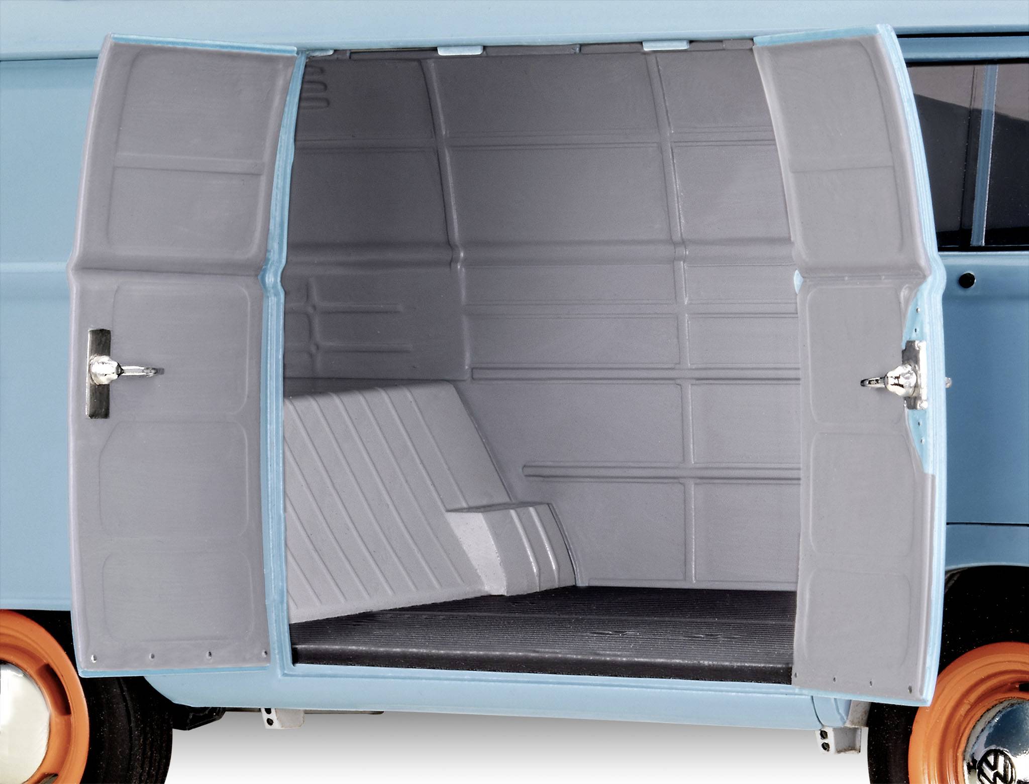 An open blue delivery van with an empty cargo area, grey interior sides, and orange wheels.