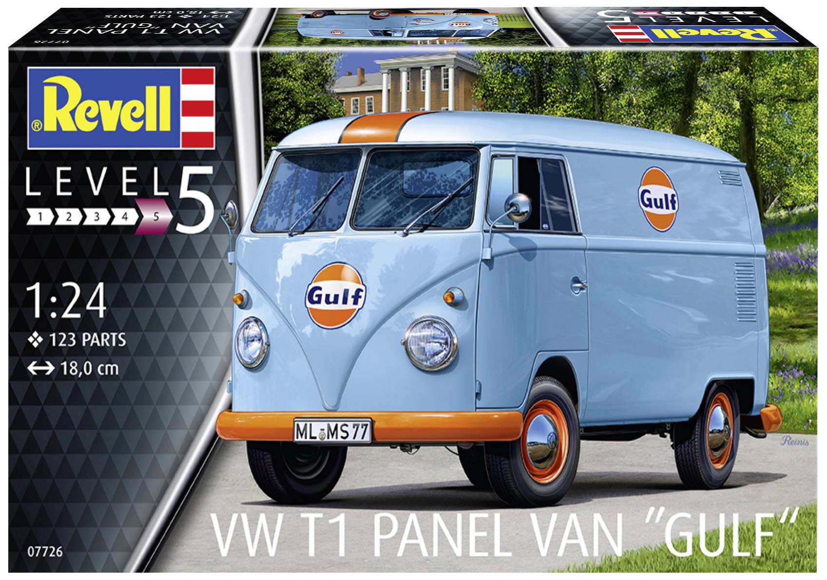 A light blue VW T1 Panel Van with 'Gulf' logo. Revell model kit in 1:24 scale, 123 pieces, Level 5, 18 cm long.