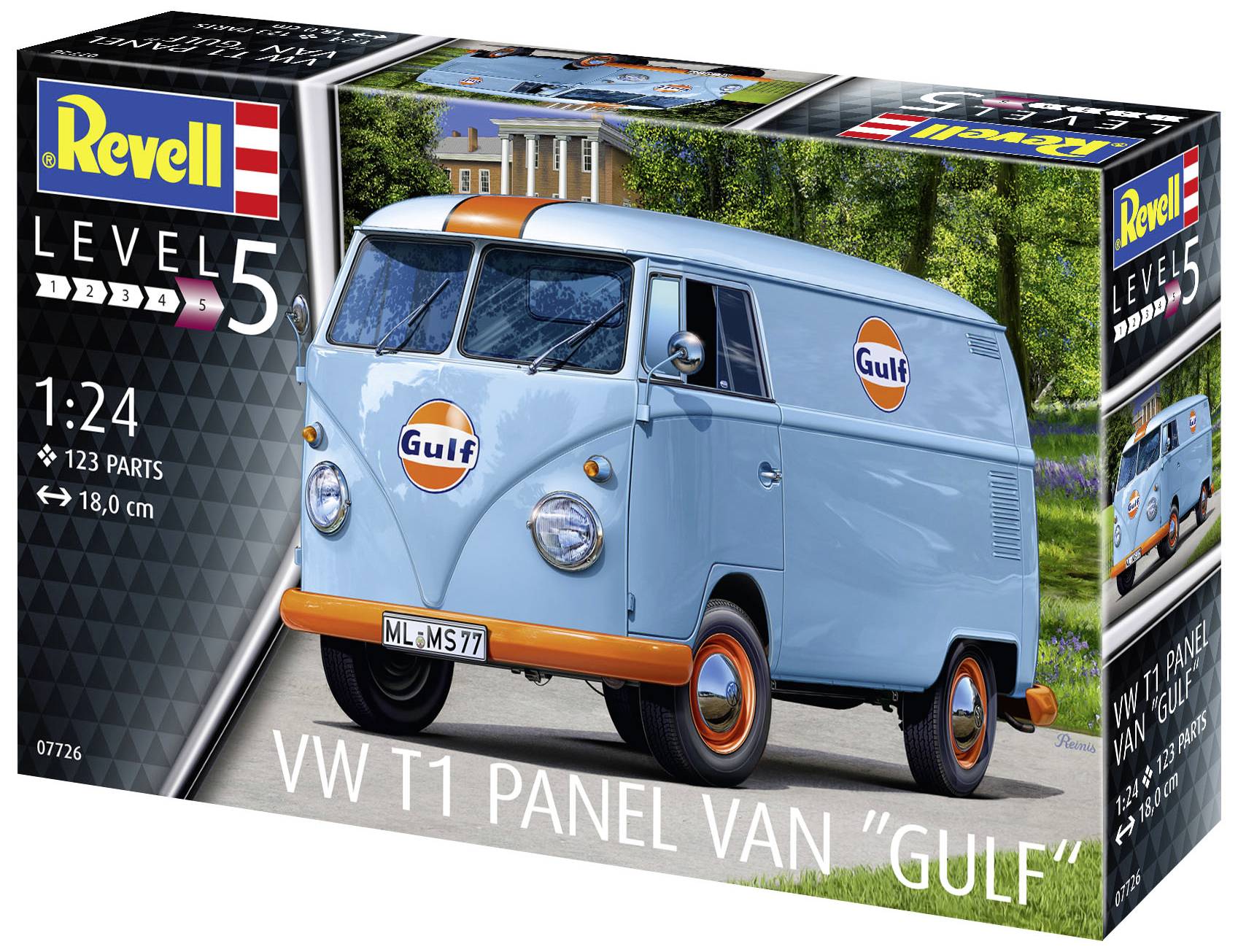 Model kit of a blue VW T1 Panel Van with 'Gulf' logo on the bonnet. Packaging displays the completed model with detailed specifications.