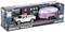 Toy car with trailer at 1:64 scale in cardboard box. Decoration featuring horse motif. Packaging indicates remote-controlled vehicle.