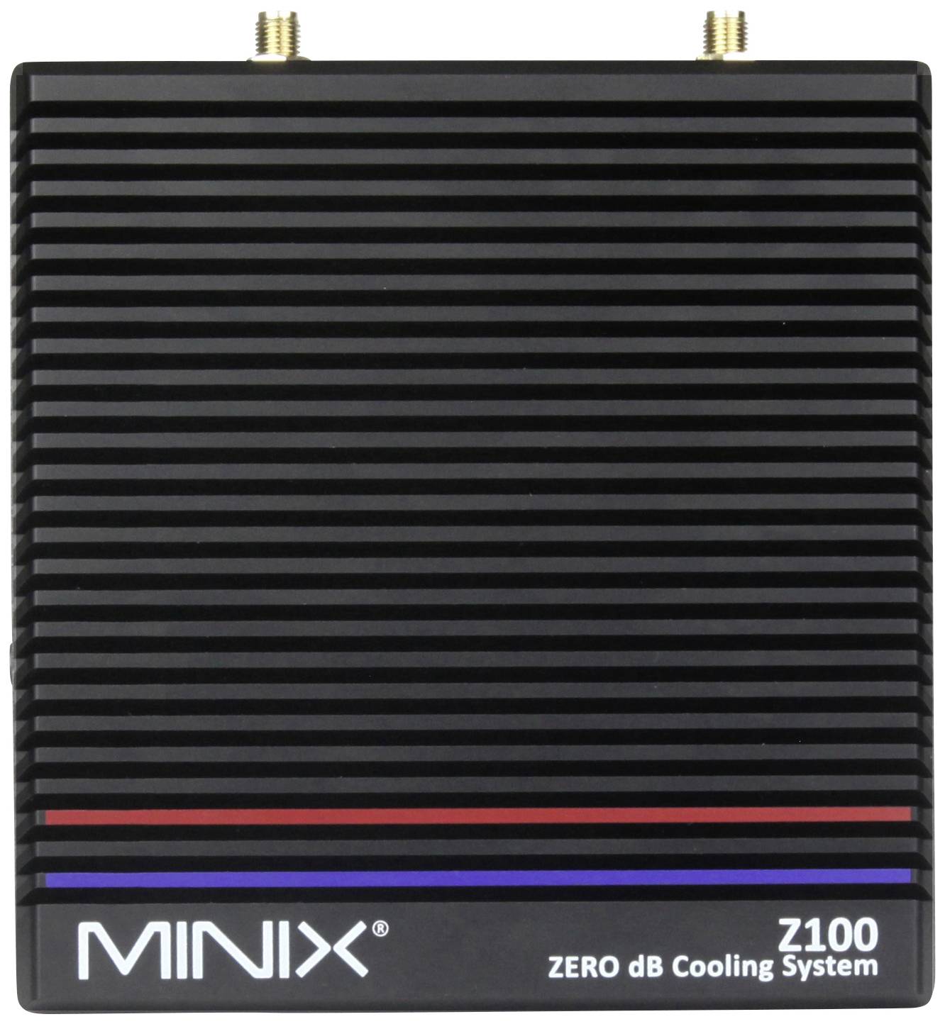 Black, rectangular cooling system 'MINIX Z100' with a ribbed surface and the inscription 'ZERO dB Cooling System'.