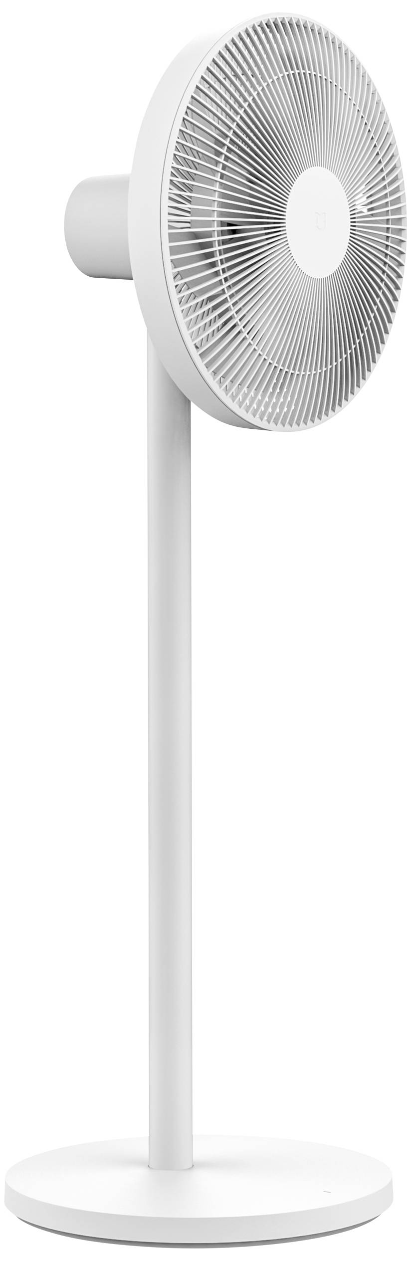 A white pedestal fan with circular blades on a simple base demonstrates modern design. Ideal for cooling indoor spaces.