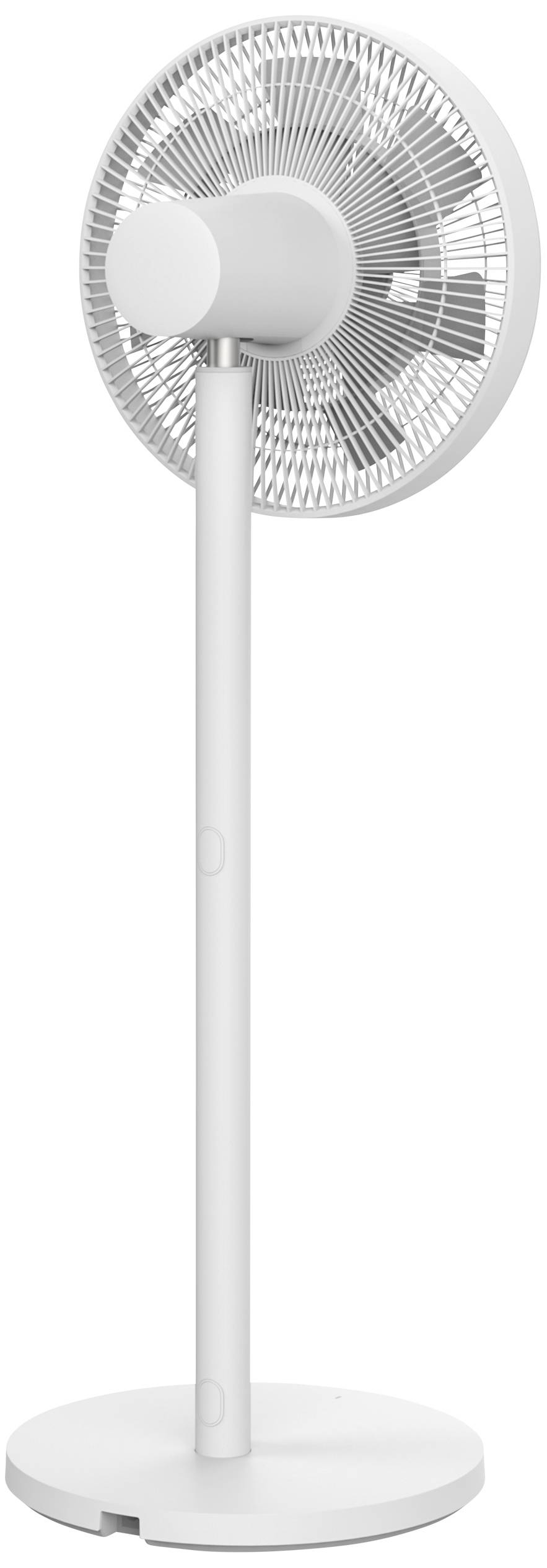 A white pedestal fan with a circular head and adjustable stand, standing upright against a neutral background.