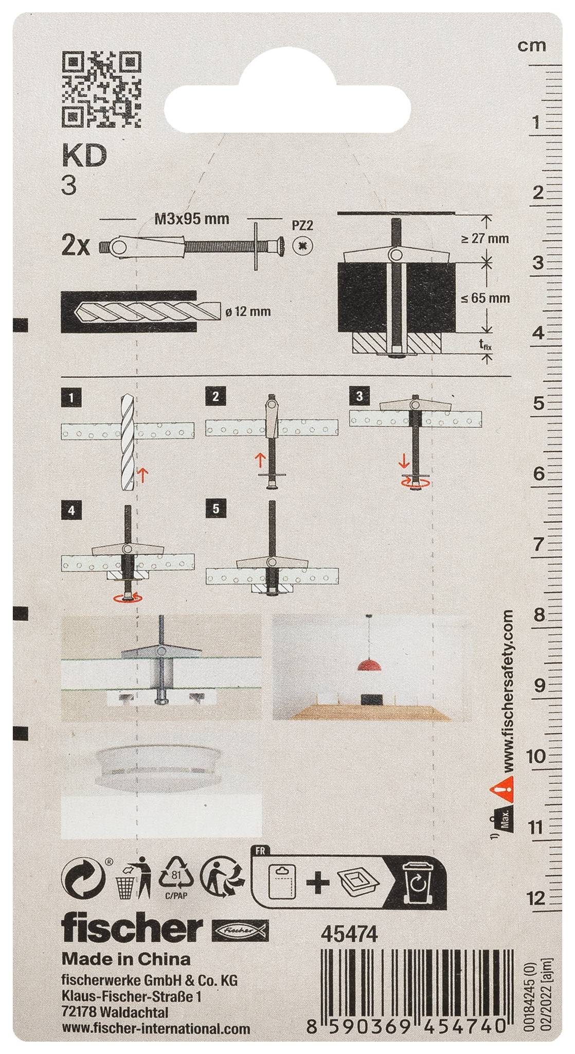 Packaging label for Fischer KD 3 wall plug and screw set, showing QR code, illustrated installation steps, measurements, and product barcode.