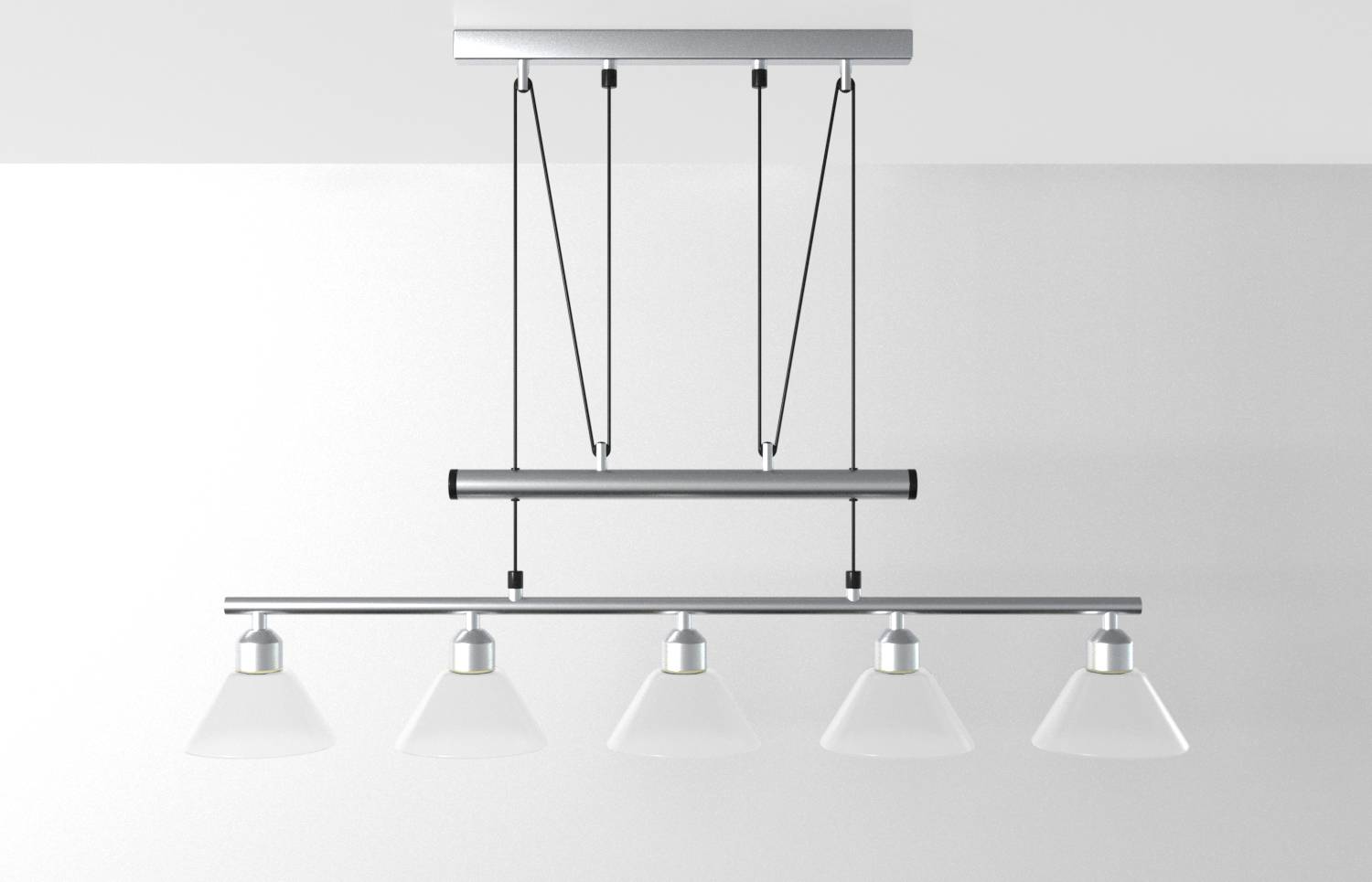 Modern hanging track light with five cone-shaped pendant lamps against a plain white background.