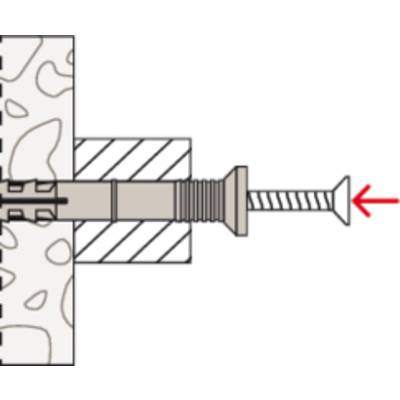 'Diagram of a wall plug in a wall. A nail is being inserted into the wall plug, shown by an arrow indicating the direction of insertion.'