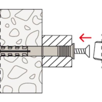 Figure shows a screw with a wall plug being mounted into a wall. An arrow indicates the screwing in of the screw.