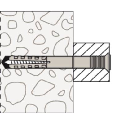 A technical drawing of a wall plug in a wall, which is secured from the right by a screw.