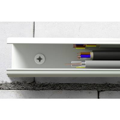 A white cable trunking containing several insulated electrical wires is mounted on a light-coloured concrete wall.