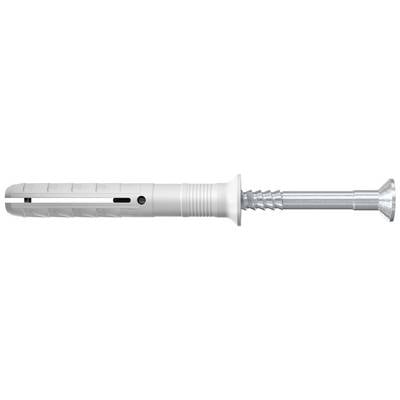 A grey cavity wall anchor with a metal screw, positioned horizontally. Used for securing objects to solid walls.