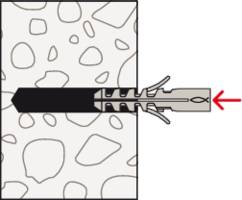 A cavity wall anchor inserted in a wall, with a red arrow indicator showing the direction of insertion to the right.