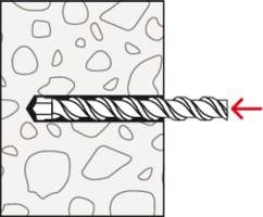 'Depiction of a drill bit penetrating a dotted surface. A red arrow indicates the direction of drilling.'