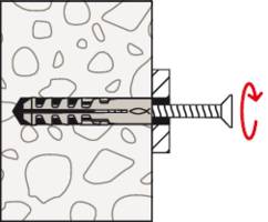 Figure shows a wall anchor with a screw secured in a wall plug. A red arrow indicates the tightening of the screw.