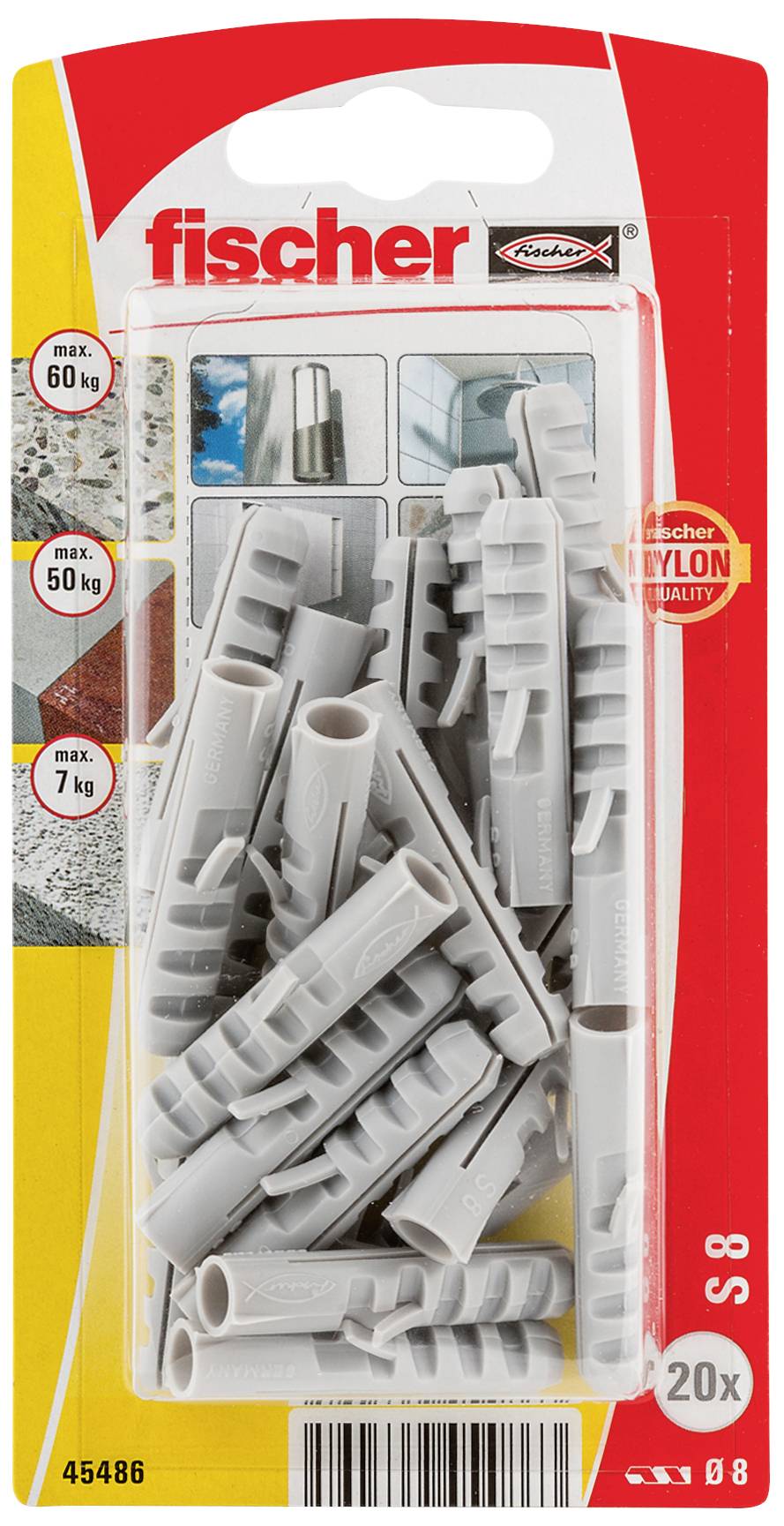 Pack of 20 grey Fischer plugs, Model S8, with load-bearing specifications for different materials: 60 kg, 50 kg, 7 kg.