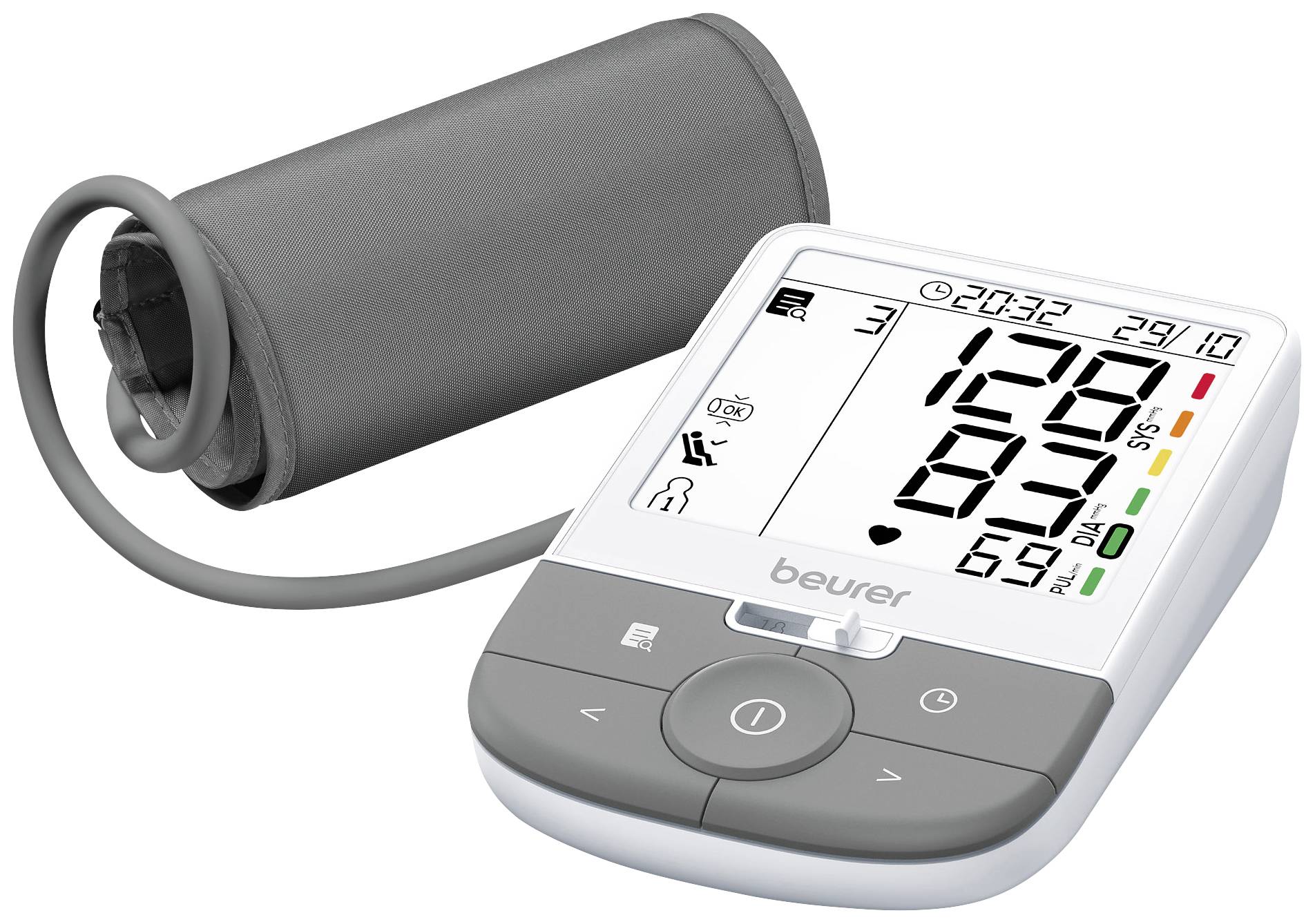 Digital blood pressure monitor with cuff; displays systolic and diastolic pressure readings and heart rate on a screen.
