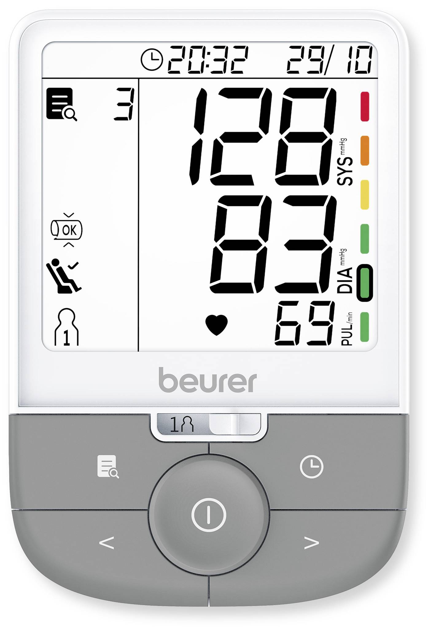 Blood pressure monitor display shows: 128 mmHg systolic, 83 mmHg diastolic and pulse of 69. Date in top right is 29/10.