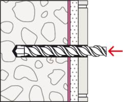 A drill penetrates a layer of different materials from left to right, highlighted by a red arrow.
