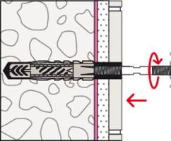 A wall plug is drilled into a wall. The plug-like anchor expands to provide support. An arrow indicates the direction of drilling.