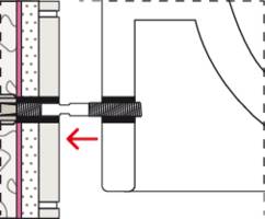 Cross-sectional diagram of a wall seal with detailed view of sealing materials and anchoring. Red arrow indicates connection point.