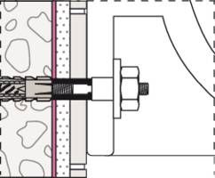 Diagram of a wall construction. Shows insulation layers, fixing elements and an external cladding in cross-section.