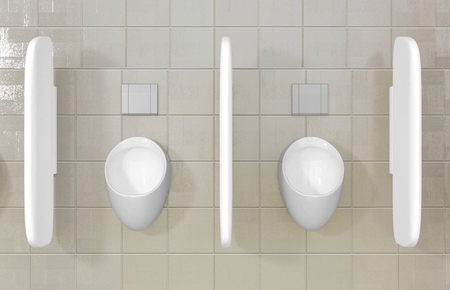 Two urinals installed side by side with partitions on a tiled wall.