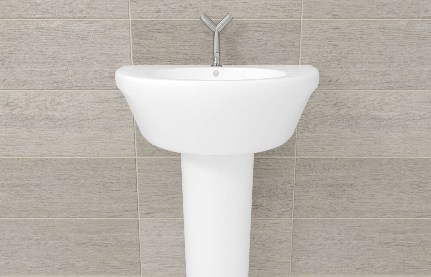 Washbasin in front of a beige tiled wall with a simple tap.