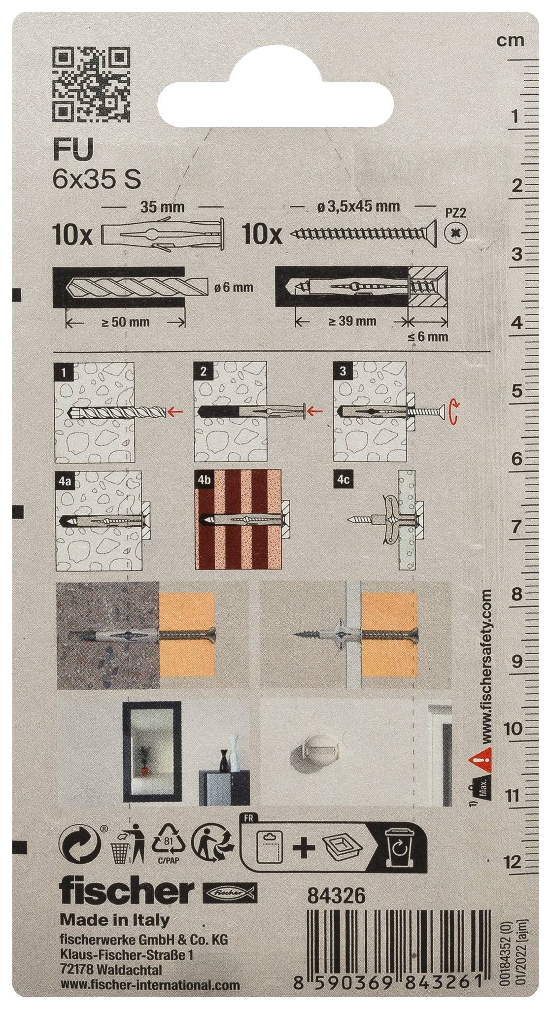 Fischer wall plug and screw kit package, 6x35 S, 10 plugs and 10 screws for masonry or wood, with installation steps and product code 84326.