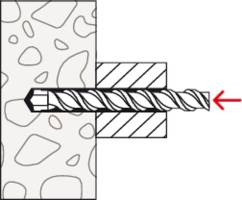 Drilling process through two materials: stone on the left, metal on the right. A drill penetrates both layers from left to right.