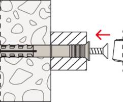 Diagram shows a wall reinforcement with a wall plug and screw. A red arrow movement to the right illustrates the direction of screw rotation.