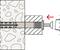 Diagram shows a wall reinforcement with a wall plug and screw. A red arrow movement to the right illustrates the direction of screw rotation.