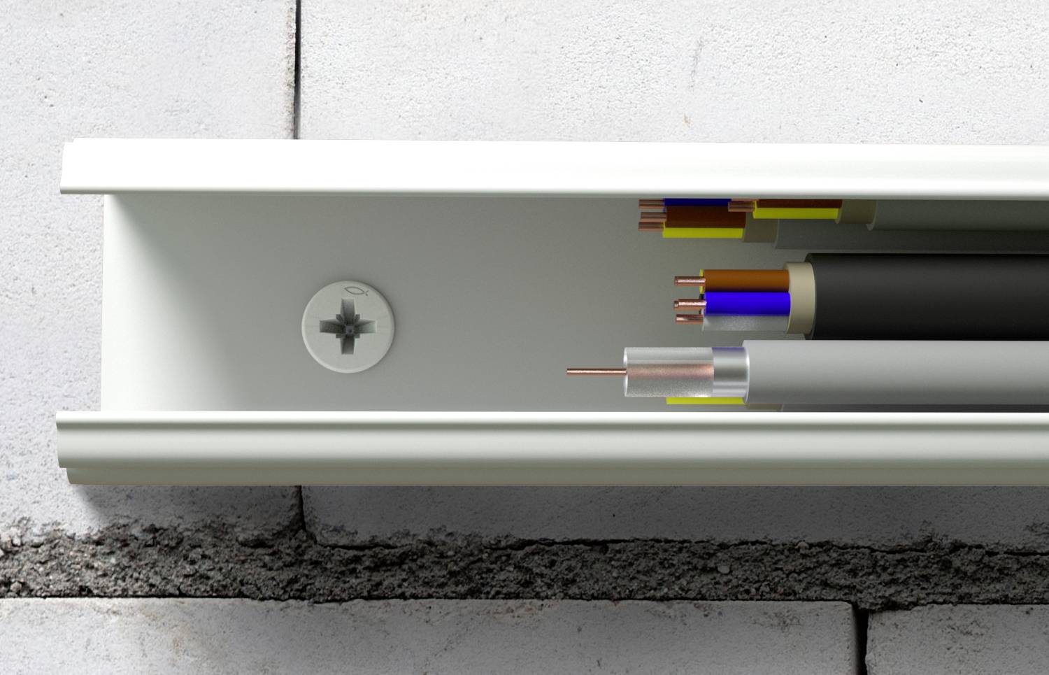 White cable trunking with exposed wires runs along a concrete wall joint.