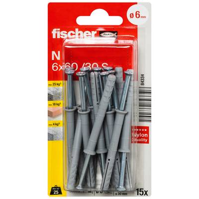 Package of Fischer nylon wall plugs and screws, marked 6 mm, N 6x30/30 S, 15-piece set.<br>