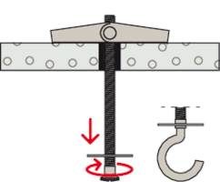 A metal hook is secured by turning it on a rod. At the top, there is a metal plate with screws that serves to fix it in place.