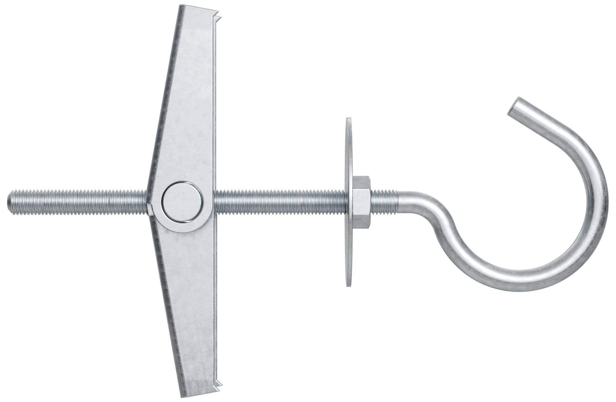 Metal hook with a screw-shaped end piece and adjustable fixing element, commonly used for attachment to walls or ceilings.