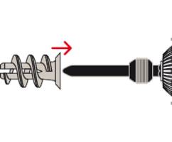 A drill is installing a screw anchor into the wall. The red arrow indicates the direction of insertion.