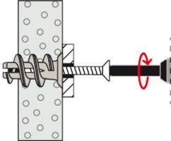 Diagram of a Fischer SXRL wallplug: Wallplug in a wall with screw, red arrow indicating screw direction.