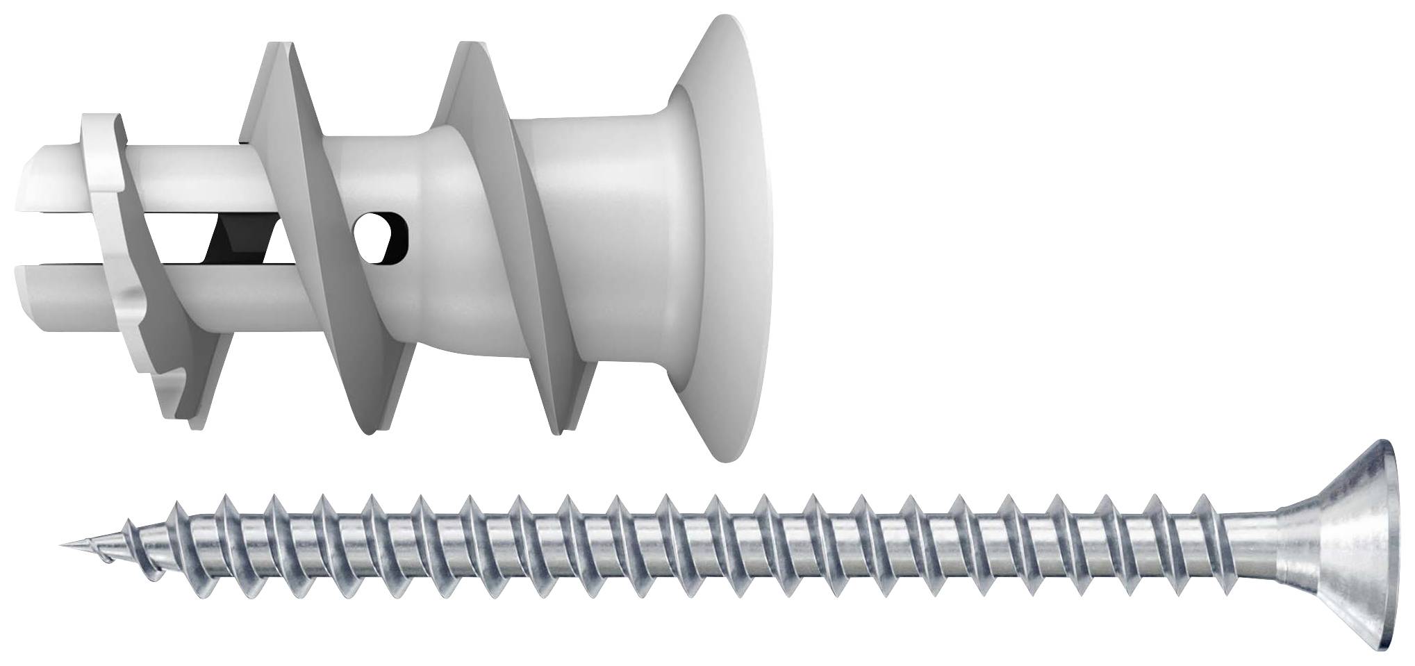 A grey wall plug and a metal screw are lying side by side. The wall plug has a wide, spiral-shaped structure.
